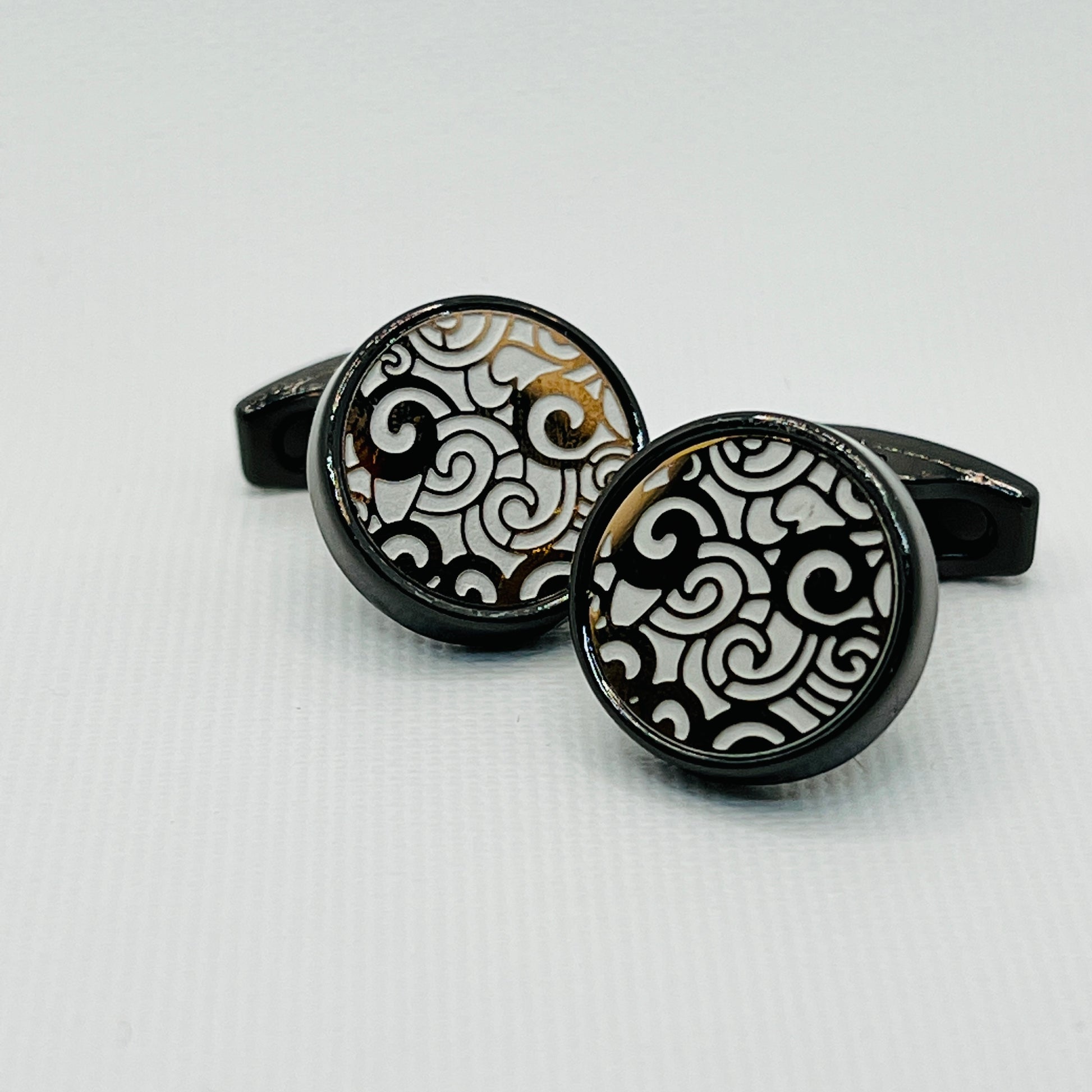 Tasker & Shaw | Luxury Menswear | Black Cufflinks with Black and White Art Deco Pattern