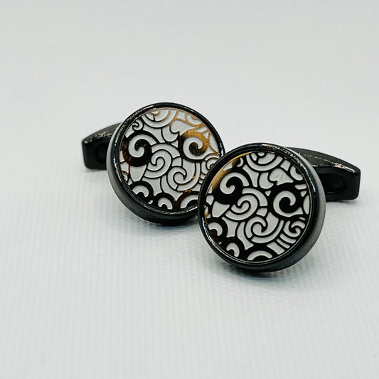 Tasker & Shaw | Luxury Menswear | Black Cufflinks with Black and White Art Deco Pattern