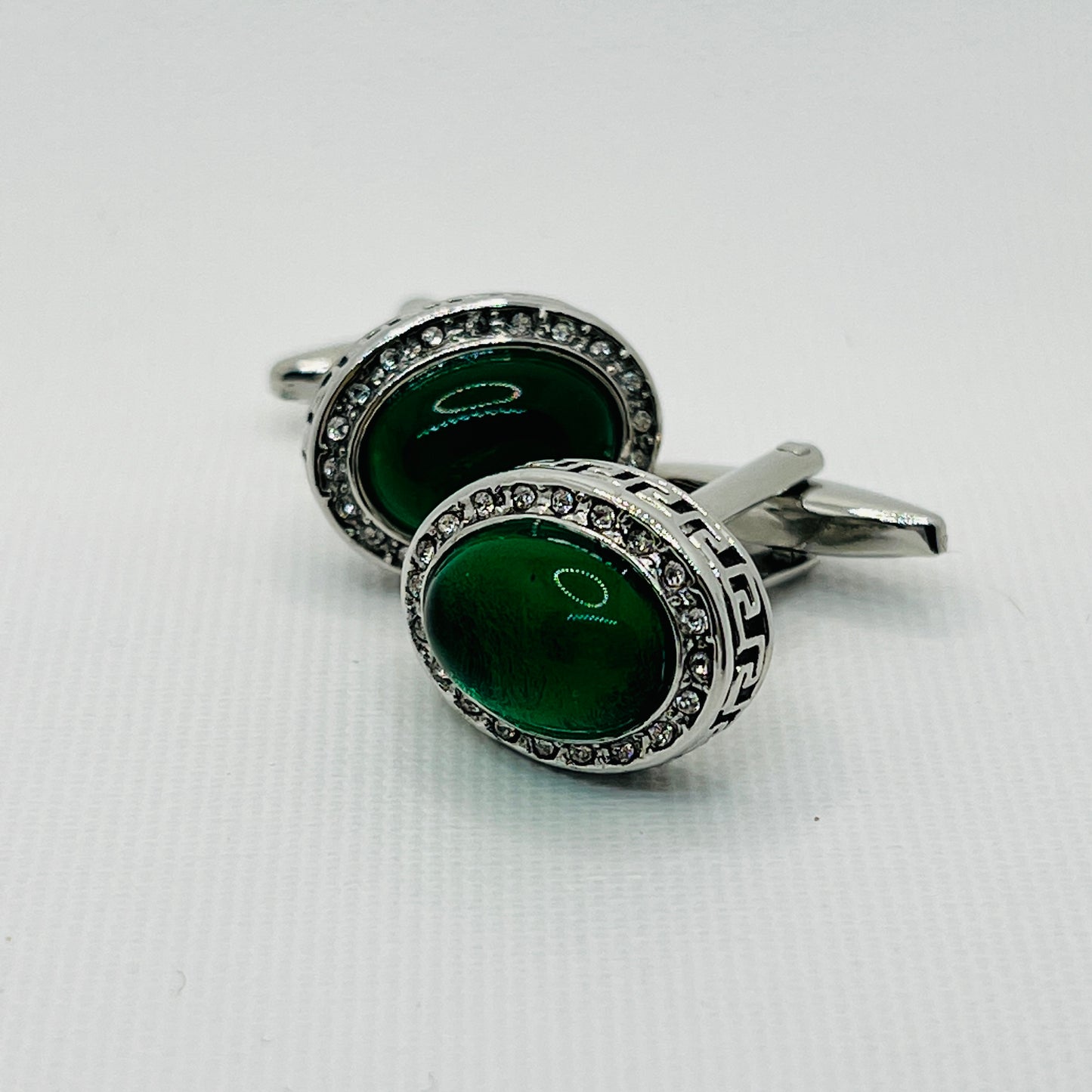 Tasker & Shaw | Luxury Menswear | Silver cufflinks with green oval crystal and greek key shoulder