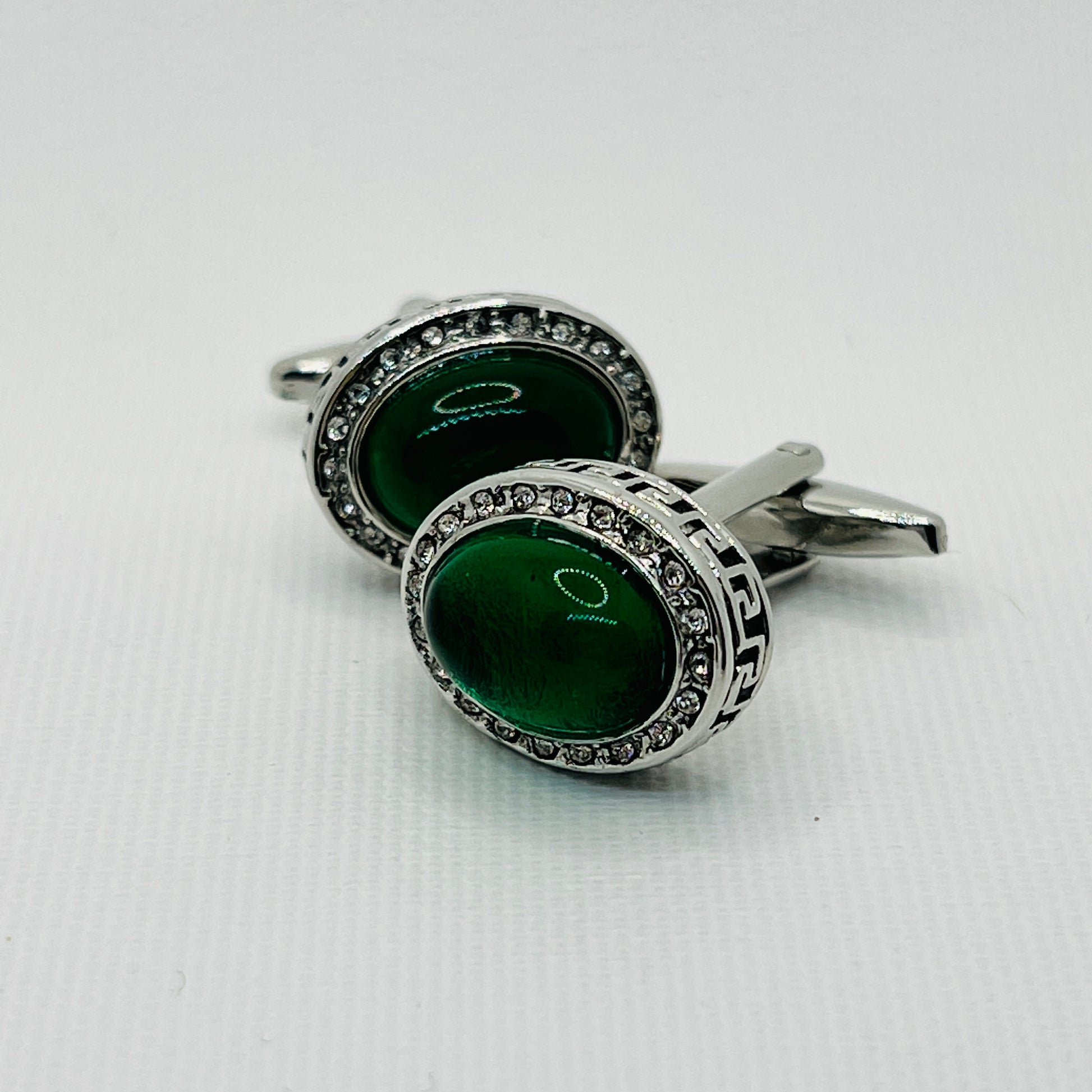 Tasker & Shaw | Luxury Menswear | Silver cufflinks with green oval crystal and greek key shoulder
