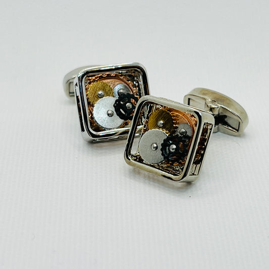 Tasker & Shaw | Luxury Menswear | Square skeleton cufflinks with watch mechanism